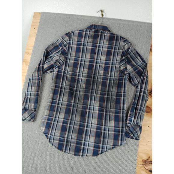 Rock & Roll Cowboy Western Shirt Mens M Smoke Plaid Blue Pearl Snap Embroidered - Picture 7 of 13